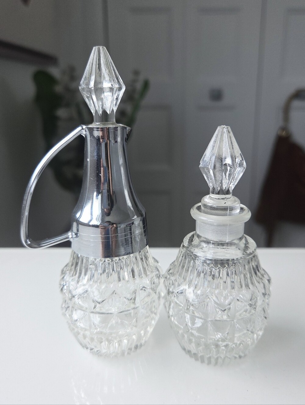 Vintage Diamond Cut Glass Bottles | Cruet Or Perfume Bottle Set